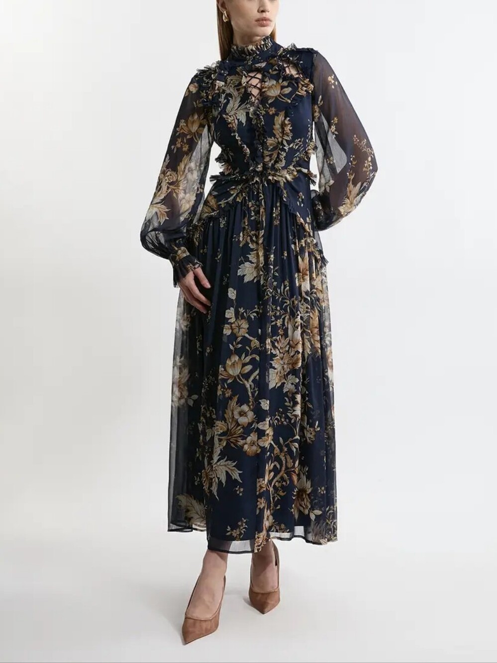 Karen Millen Navy Floral Lace-Up Ruffle Maxi Dress